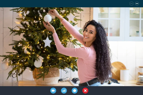 Cheerful Young Woman Making Video Call While Decorating Christmas Tree At Home — Stock Photo, Image