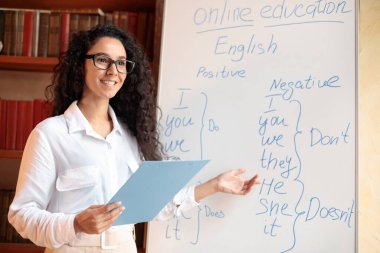 Gülen bayan öğretmen beyaz tahtayı göstererek dil bilgisi kurallarını açıklıyor.