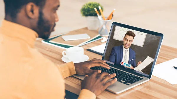 Two Diverse Male Colleagues Having Video Chat Indoor, Panorama, Collage — Stock Photo, Image