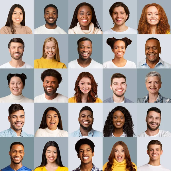 Multicultural mulheres e homens retratos em colagem cinza fundos, quadrado — Fotografia de Stock