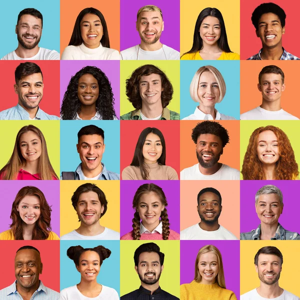 Hombres y mujeres mezclados posando sobre fondos coloridos, collage, cuadrado — Foto de Stock