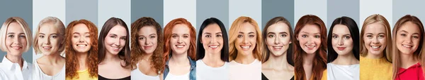 Feliz caucasiano Millennial senhoras caras na colagem sobre fundos cinzentos — Fotografia de Stock
