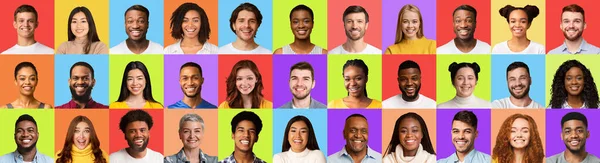 Diverse mannen en vrouwen glimlachende gezichten over kleurrijke achtergronden, Collage — Stockfoto