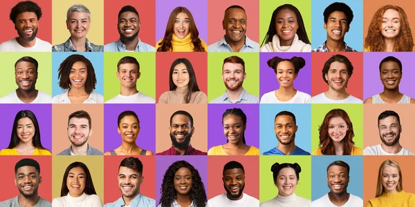 Collage de diversas mujeres y hombres retratos en fondos de color — Foto de Stock