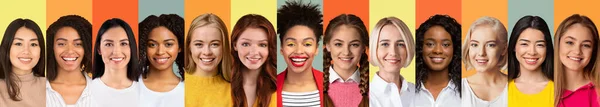 Során gyönyörű portrék boldog többnemzetiségű nők, színes háttérrel — Stock Fotó