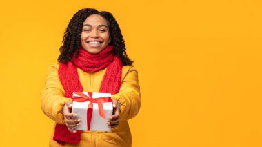 Afrikalı Kadın Kameraya Hediye Veriyor Sarı Arkaplan, Panorama