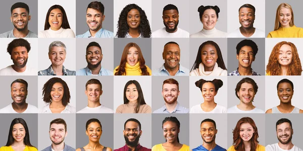 Collage av glada multiracial människor ansikten på grå bakgrund — Stockfoto