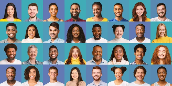 Set Of Many Cheerful People Faces On Blue Backgrounds, Collage — Stock Photo, Image