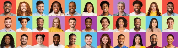 Headshots med porträtt av glada mångkulturella människor, olika färgade bakgrunder — Stockfoto