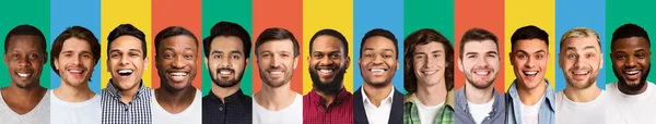 Glückliche multikulturelle Männer posieren lächelnd auf bunten Hintergründen, Collage — Stockfoto