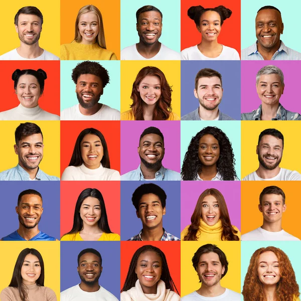 Multietniska människor ansikten collage med män och kvinnor, färgglada bakgrunder — Stockfoto