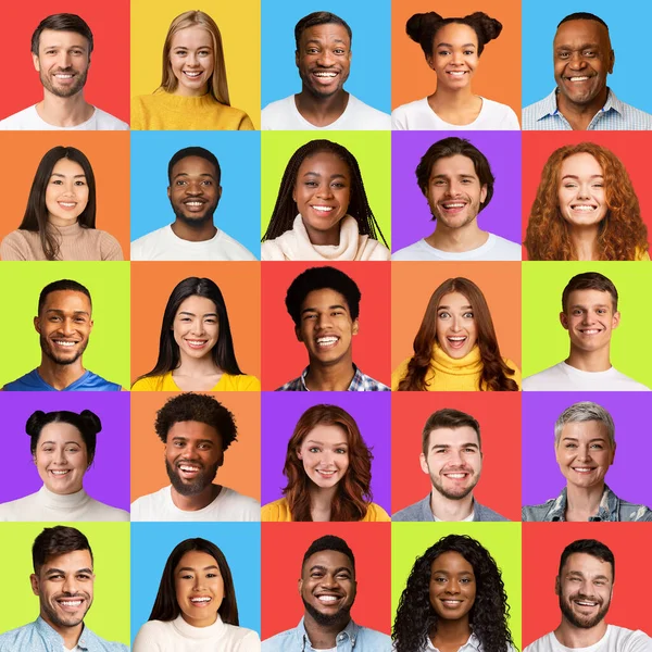 Square Collage With Mixed People Faces Over Different Colorful Backgrounds — Stock Photo, Image