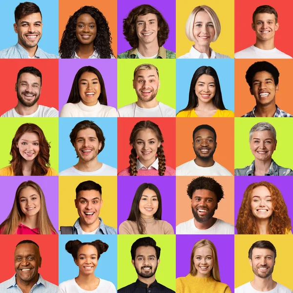 Collage cuadrado de personas multiculturales felices se enfrenta a fondos coloridos — Foto de Stock