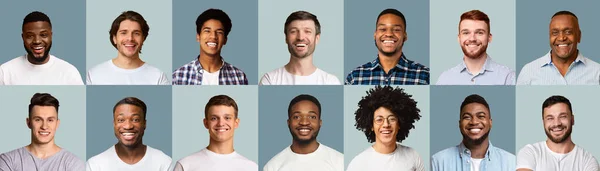 Conjunto de homens multirraciais felizes sorrindo em fundos azuis — Fotografia de Stock