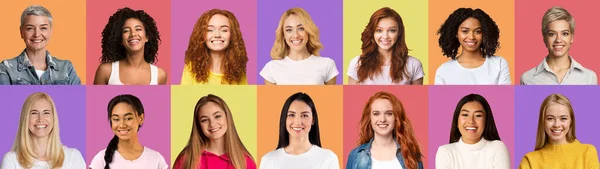 Beautiful diverse women smiling on colorful backgrounds, set