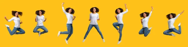 Koláž skákání šťastný africký Američan žena přes žluté pozadí, panorama — Stock fotografie