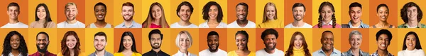 Collage von Mixed People Faces über gelbem und orangefarbenem Hintergrund — Stockfoto