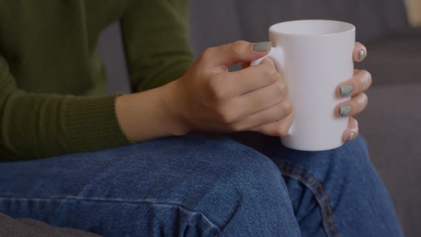 Close up shot of female hands holding cup of hot tea, warming palms, slow motion — Stock Video