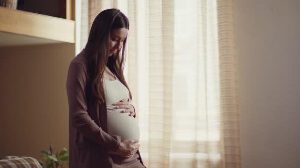 Genç ve mutlu bir kadın hamileliğinin tadını çıkarıyor, koca karnını okşuyor, bebeğiyle birleşmiş hissediyor, ağır çekimde. — Stok video