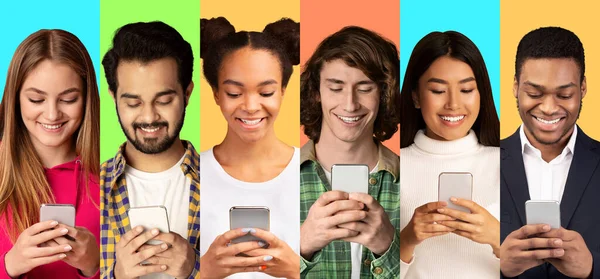 Πολυεθνοτικοί Νέοι που χρησιμοποιούν κινητά τηλέφωνα πάνω από πολύχρωμα backgrounds, Κολάζ — Φωτογραφία Αρχείου