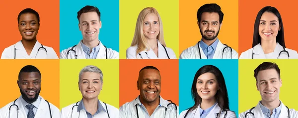 Retratos de médicos de sucesso multiétnicos sobre diferentes origens coloridas, colagem — Fotografia de Stock