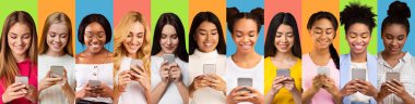 Çok Irklı Kadınlar Akıllı Telefon Kullanıyor Renkli Arkaplan, Kolaj, Panorama Üzerine Mesajlaşma