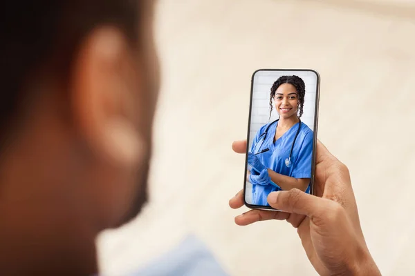 Black Man Talking With Physician Via Video Call On Smartphone, Collage