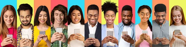Diverse Millennials Korzystanie ze smartfonów SMS na kolorowe tła, Kolaż — Zdjęcie stockowe