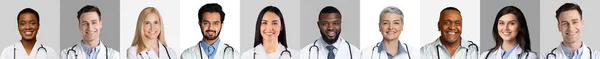 Fila de retratos de médicos multiculturales, fondos grises y blancos, collage — Foto de Stock