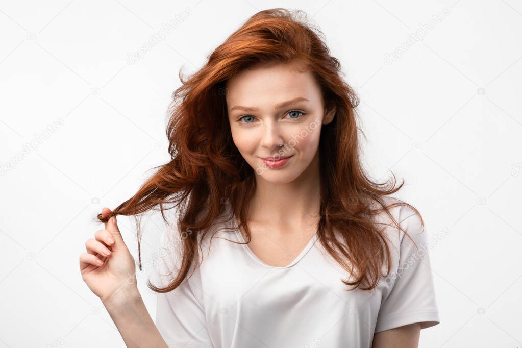 Girl Posing Touching Healthy Red Hair Posing Over White Background