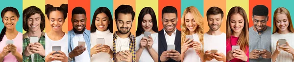 Junge Menschen, die Smartphones benutzen, Textnachrichten auf verschiedenen bunten Hintergründen, Collage — Stockfoto