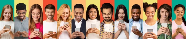 Rad av olika människor som använder mobiltelefoner på färgglada bakgrunder, Collage — Stockfoto