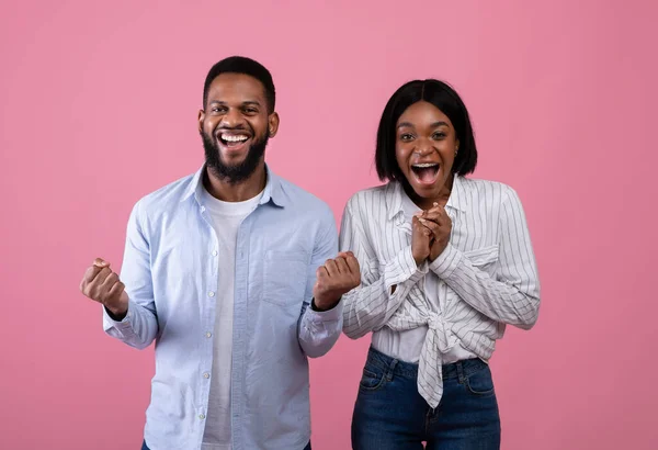 Jovem casal afro-americano gritando em emoção, gesticulando SIM, celebrando o sucesso no fundo do estúdio rosa — Fotografia de Stock