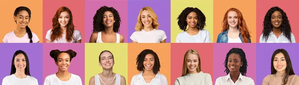 Uppsättning multietniska glada unga kvinnor porträtt — Stockfoto