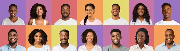 Colagem de pessoas negras felizes sorrindo em fundos coloridos — Fotografia de Stock