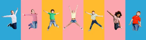 Collage With Joyful Kids Jumping Having Fun On Colorful Backgrounds — Stock Photo, Image