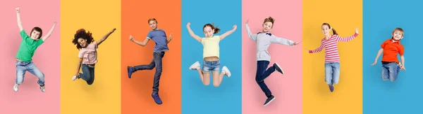 Happy diverse kinderen springen poseren over verschillende kleurrijke achtergronden, Collage — Stockfoto