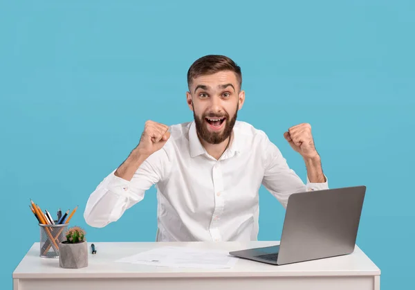 Positivo jovem empresário fazendo gesto SIM enquanto trabalhava em laptop na mesa sobre fundo estúdio azul — Fotografia de Stock