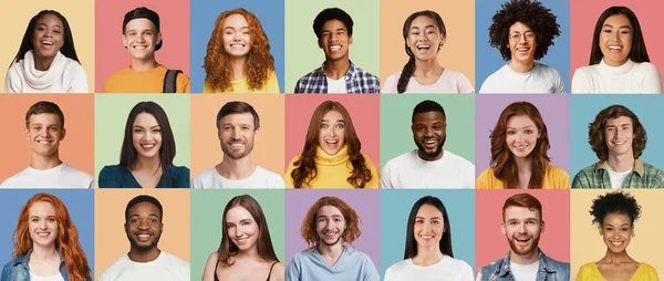 Happy Millennial Women And Men Portraits On Colorful Backgrounds, Collage — Stock Photo, Image