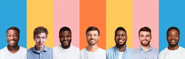 Retratos de hombres multiétnicos sonrientes sobre diferentes orígenes coloridos, collage —  Fotos de Stock