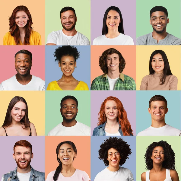 Mozaïek van multiculturele vrouwen en mannen gezichten in collage — Stockfoto