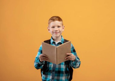 Hoş bir kızıl çocuk, kitap okuyor, sarı stüdyo geçmişi var.