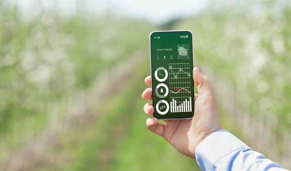Agricultor segurando celular com dados de jardinagem inteligentes na tela, monitorando o ph do solo, temperatura, realizando o controle de pragas — Fotografia de Stock