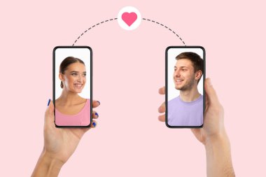 Genç çift cep telefonu ve yaratıcı kolaj kullanıyor.