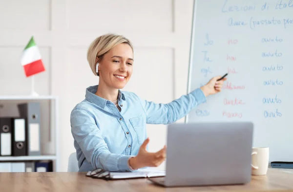 Online bijles in vreemde talen. Vreugdevolle leraar die Italiaanse les geeft, wijzend naar schoolbord met basis grammatica regels — Stockfoto