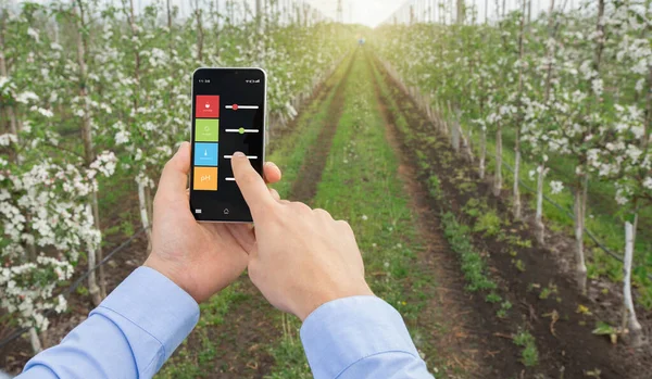 Un giardino intelligente. Agronomo con dispositivo mobile tramite app e internet delle cose in produzione e ricerca agricola — Foto Stock