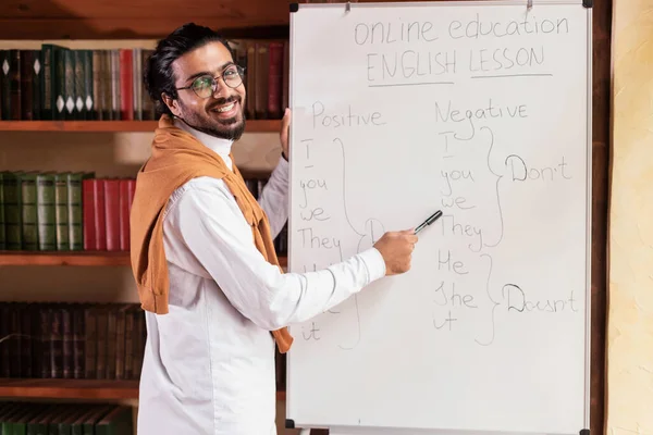Indiano professor homem posando perto blackboard ter on-line classe interior — Fotografia de Stock