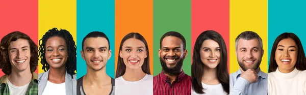 Collage di persone diverse ritrae sorridente su sfondo luminoso studio, panorama con spazio libero. Società multietnica — Foto Stock