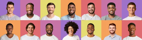 Conjunto de hombres multirraciales guapos sonriendo sobre fondos coloridos — Foto de Stock