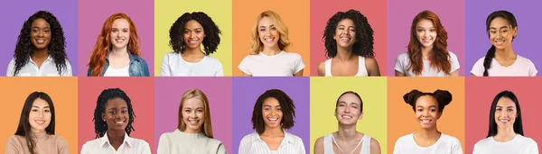 Fröhliche junge Studentinnen vor buntem Hintergrund, Collage — Stockfoto